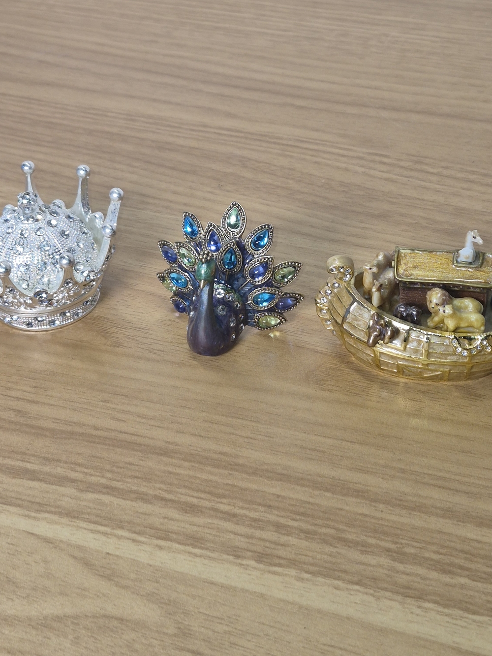 Jeweled Metal Trinket Box Lot - Noah’s Ark, Royal Crown & Enamel Peacock